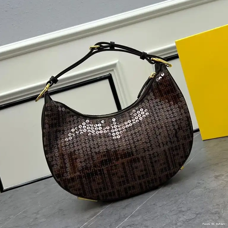 Vintage HOT Fendigraphy Fabric Small In Fendi Bag Motif with Hobo Sequins Brown FF 0630